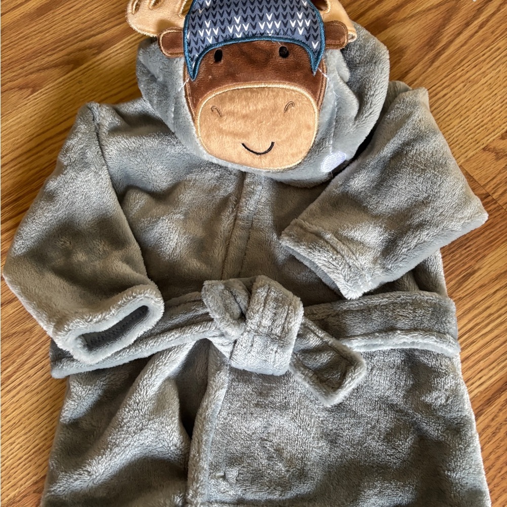 Gray Plush Baby Robe with Animal Hood